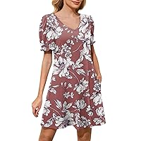 A Line Mini Dress, Women's Casual Dresses Puff Short Sleeve V Neck Cocktail with Pockets Lounge for Women Sun 2024