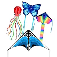3 Pack Kites-Rainbow Delta Kite, Red Mollusc Octopus Kite, Blue Butterfly Kite & Large Delta Kite