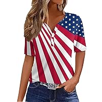 American Flag 4Th of July Tops for Women 2024 Dressy Stars and Stripes Print V Neck Short Sleeve Shirts Blouse