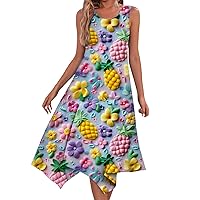 Casual Beach Dresses for Women Beach Dress for Women 2024 Summer Fashion Flowy Ruched Casual with Sleeveless Round Neck Swing Dresses Purple Pink Large