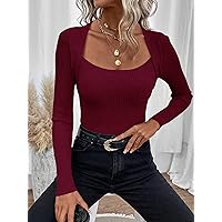 Women's Sweater 2022 Solid Ribbed Knit Sweater Women's Clothing (Color : Burgundy, Size : X-Small)