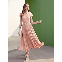 Women's Dress Flowy Pleated Dress Without Belt Women's dressEVEBABY (Color : Coral Pink, Size : Medium)
