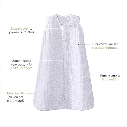 HALO Sleepsack, 100% Cotton Muslin Wearable Blanket, Swaddle Transition Sleeping Bag, TOG 0.5, Grey Open Circles, Large, 12-18 Months