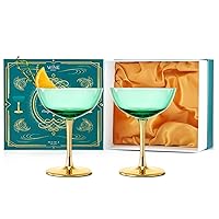Colored Coupe Art Deco Glasses, Gold | Set of 2 | 12 oz Classic Cocktail Glassware for Champagne, Martini, Manhattan, Sidecar, Crystal Speakeasy Style Goblets Stems, Vintage Blue, Teal, Green