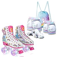 SULIFEEL Rainbow Roller Skates for Kids Size 1.5 with Adjustable Protective Gear Set Shiny Medium