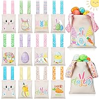 Cosblank 12 Pcs Easter Reusable Canvas Gift Bags with Handles 10”x 8” Bunny Egg Easter Tote Bags Easter Basket Bulk for Kids Gifts Wrapping Egg Hunt Game Candy Treat Party Favors Supplies, 12 Styles