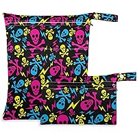 visesunny Colorful Skull 2Pcs Wet Bag with Zippered Pockets Washable Reusable Roomy Diaper Bag for Travel,Beach,Daycare,Stroller,Diapers,Dirty Gym Clothes,Wet Swimsuits,Toiletries