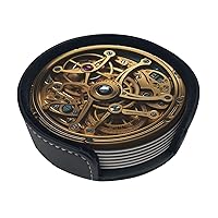 Cool Steampunk Gears Coasters for Drinks Set of 6 with Holder Non-Slip Leather Coaster Round Drink Coaster for Tabletop Protection, Cup Mat for Coffee Table Decor