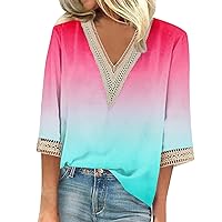3/4 Length Sleeve for Women Dressy Casual Summer Tops V Neck Lace Plus Size Blouses Trendy Print Graphic Tees