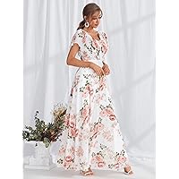 Women's Dresses -Dresses Allover Floral Print Wrap Detail Dress Women's Dresses Casual (Color : White, Size : X-Large)