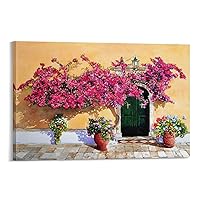 Mediterranean Street with Flower Wall Art Rustic Cityscape Art Old Doors Wall Art Paintings Canvas Wall Decor Home Decor Living Room Decor Aesthetic 08x12inch(20x30cm) Frame-style