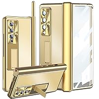 Z Fold 3 5G Case Aluminum Alloy for Samsung Galaxy Z Fold 3,2 Hinges, one Pen, Metal Kickstand with Built-in Glass Screen Protector, Camera Protector, for Samsung Z Fold 3 Case Cover (Gold)