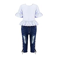 Kids Girls Casual Outfits Flared Short Sleeve Stretchy Waist Ripped Hole Jeans Pants Set Summer Clothing Set