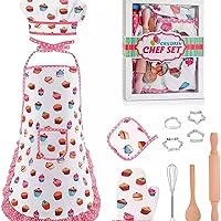 Complete Kids Cooking and Baking Set,11 Pcs Includes Apron for Little Girls, Chef Hat, Mitt & Utensil for Toddler Dress Up Chef Costume Career Role Play