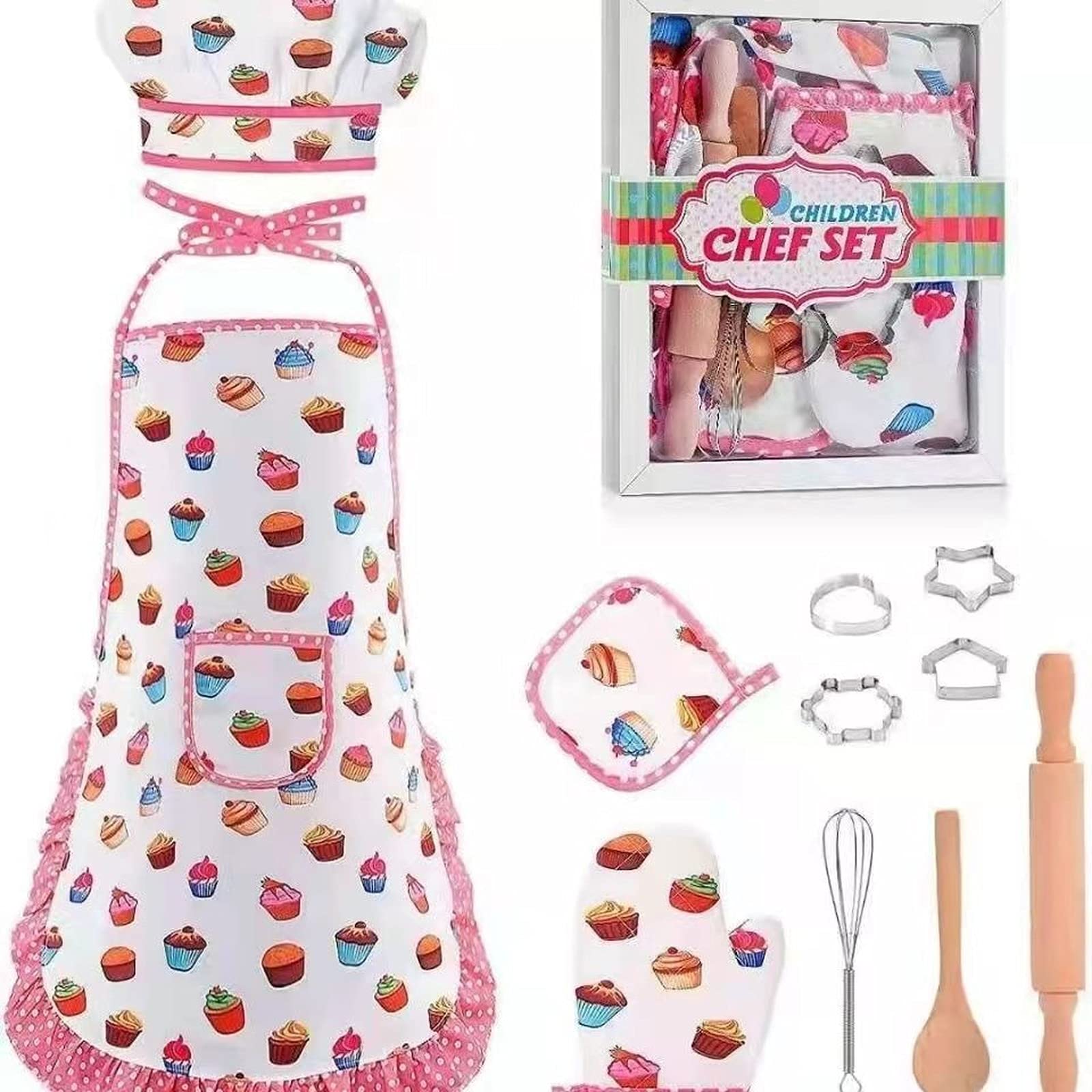 MOMODEER Complete Kids Cooking and Baking Set,11 Pcs Includes Apron for Little Girls, Chef Hat, Mitt & Utensil for Toddler Dress Up Chef Costume Career Role Play