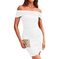 Okiwam Women's Summer Off Shoulder Ruched Bodycon Dress Sleeveless Party Club Cocktail Short Dresses