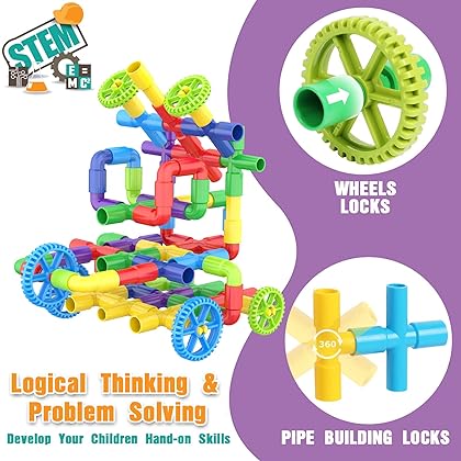 250 Pieces STEM Building Blocks, Pipe Tube Sensory Toys, Creative Tube Locks Construction Set with Wheels, with Storage Box, Preschool Educational Learning Toys, Present Gift for Boys Girls Aged 3+