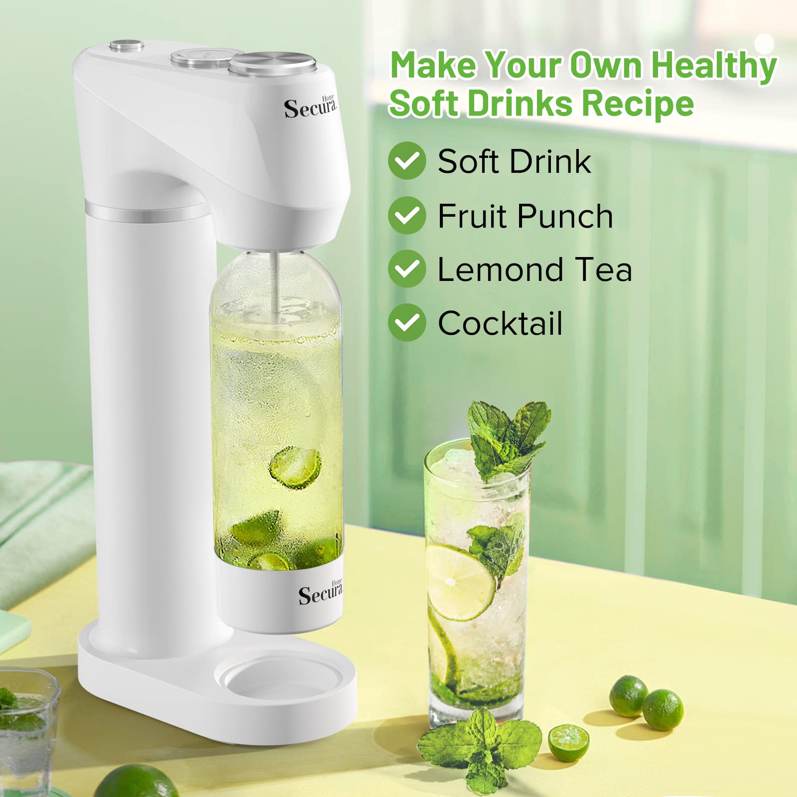 Secura Home Sparkling Water Machine, Cordless Soda Maker with Pressure Gauge, Quick & Customize Carbonation for Any Drink, with BPA Free PET Bottle, Compatible 60L CO2 Exchange Cylinder (NOT Included)