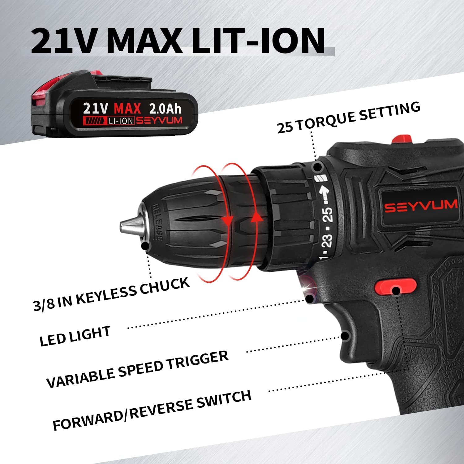 SEYVUM P10 21V Cordless Drill Set, [Powerful Brushless Motor] [Compact], Power Drill Driver, Electric Drill with Li-ion Battery, Fast Charger, Variable Speed, 57pcs Drill Bits with Tool Bag