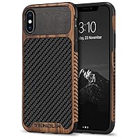 TENDLIN Compatible with iPhone Xs Case/iPhone X Case Wood Grain with Carbon Fiber Texture Design Leather Hybrid Slim Case Compatible with iPhone X and iPhone Xs