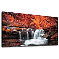 yearainn Large Canvas Wall Art Waterfall Autumn Red Forest Landscape Picture Stream River Scenery Painting Long Canvas Artwork Contemporary Nature Picture for Home Office Wall Decor 24