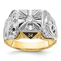 14k Two-tone Gold Polished and Textured with Black Enamel and VS Quality Diamond Masonic Ring for Mens