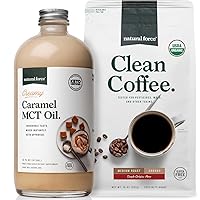 Natural Force Organic Ground Clean Coffee + Creamy Caramel MCT Oil Bundle – Flavored MCT Creamer & Mold & Mycotoxin Free Coffee – Non-GMO, Keto, Paleo, and Vegan - 10 Oz Bag and 16 Oz Glass Bottle