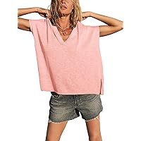 Saodimallsu Womens V Neck Cap Sleeve Sweater Tops Summer Casual Loose Fit Side Split Basic Clothes Shirts