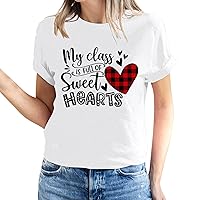 My Class is Full of Sweet Hearts T-Shirt Women Valentines Day Casual Tops Plaid Love Heart Print Short Sleeve Tees