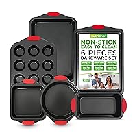 NutriChef 6-Piece Nonstick Bakeware Set - Carbon Steel Baking Tray Set w/ Heatsafe Red Silicone Handles, Oven Safe Up to 450°F, Loaf Muffin Round/Square Pans, Cookie Sheet, Baking Pan -NCSBS6S,Black