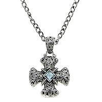 NOVICA Handmade Blue Topaz Pendant Necklace .925 Sterling Silver Indonesia Cross Birthstone 'Floral Cross'