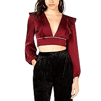 Leyden Womens Plunging Ruffled Crop Top Blouse