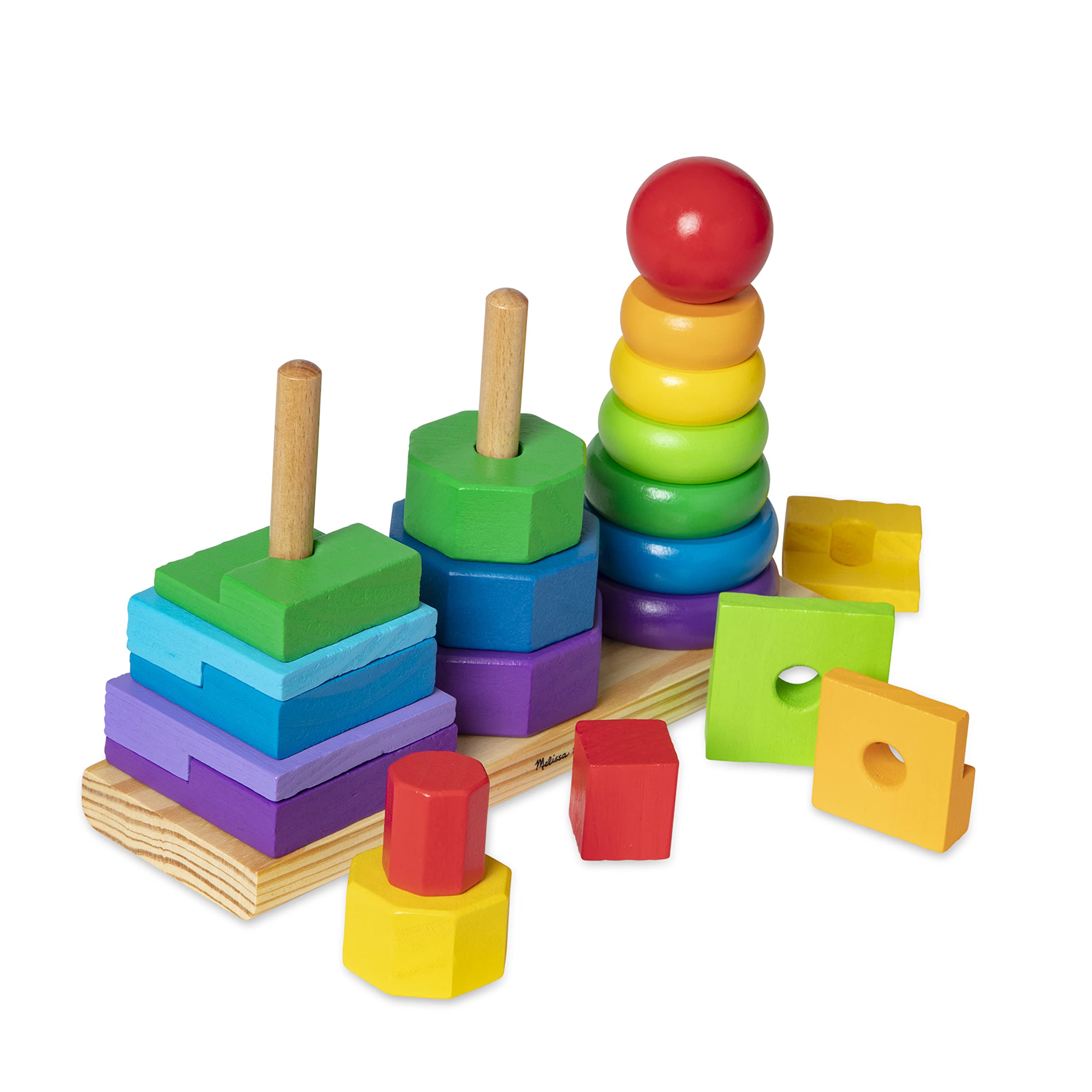 Melissa & Doug Geometric Stacker - Wooden Educational Toy - Shape Sorter And Stacking Toy, Stacking Tower Toy For Babies, Toddlers And Kids Ages 2+