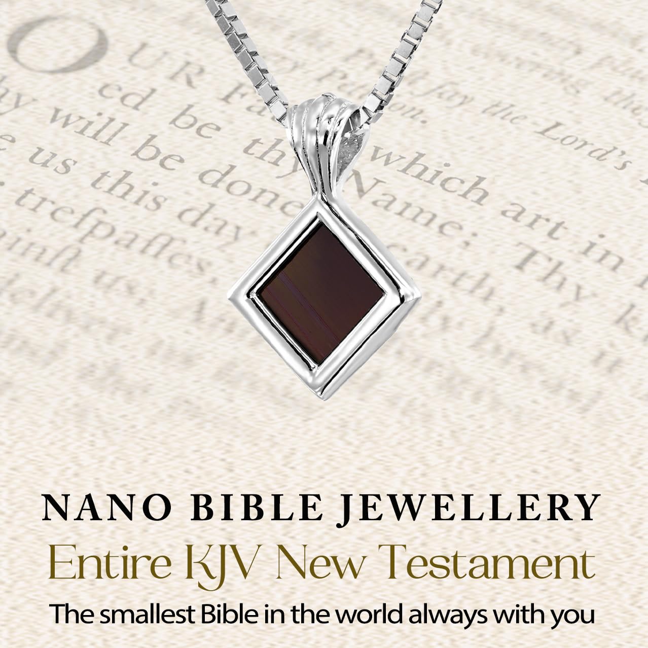 Christian Pendant with Smallest Nano Bible - on Tiny Square Rhombus Necklace for Women with Entire KJV New Testament Holy Scriptures on 0.2