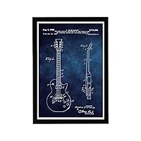 Guitar Framed Wall Art Painting Photography Patent Print 'Gibson Les Paul guitar 1955 Chalkboard' Band Room Home Décor Gifts for Musicians, Blueprint, 13x19, Blue, White