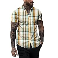 Men's Button Down Shirt Color Block Plaid Print Short Sleeve T Shirt Trendy Summer Tee Tops Graphic Slim Blouse