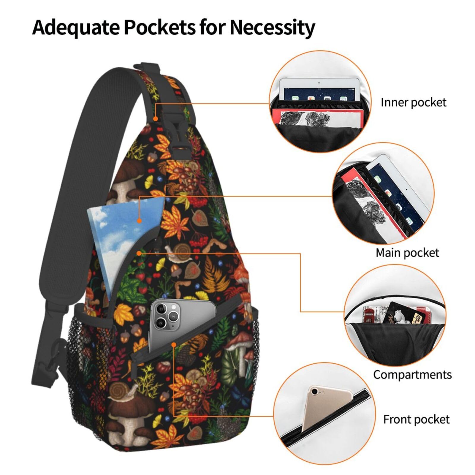 Qceqkul Mushroom Sling Bag Women Men Multifunction Sling Backpack Waterprooof with Adjustable Strap Crossbody Bag Travel Hiking