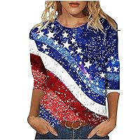 Women Fourth of July Shirt 3/4 Sleeve Summer Tops Trendy USA Flag Shirts Retro Print Quarter Length Sleeve Tunic Blouses