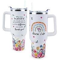 Nurse Tumbler 40 oz Tumbler with Handle and Straw Lid Leak Proof Best Nurse Ever Coffee Travel Mug with Handle Insulated for Hot and Cold Drink Nurse Gifts for Women Nurses Day Mother's Day Birthday