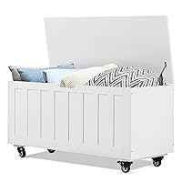 Evajoy Storage Chest, 39.4'' Wooden Storage Bench with 4 Wheels, Shoe Bench with 2 Safety Hinges, Retro Toy Box Organizer Support 300 lbs for Bedroom, Living Room, Easy Assembly, White