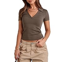 Womens V Neck Short Sleeve Polo Shirts Business Casual Work Top 2024 Summer Knit Fitted Basic Collared Shirt