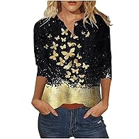 Woemens 3/4 Sleeve Butterfly Print Button Pullover T-Shirts Summer Dressy Casual Loose Fit Fashion Crewneck Tops
