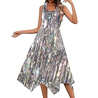 Long Sun Dresses Sparkly Dresses for Women 2024 Summer Print Fashion Casual Flowy Elegant with Sleeveless Crewneck Tunic Dress Gray Medium