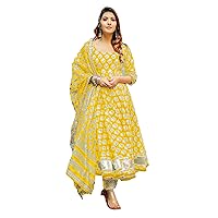 Indian Ethnic Festival printed Cotton Flairy Gota Anarkali Kurti Dupatta Set woman Eid Kurta 497i (XL, yellow)