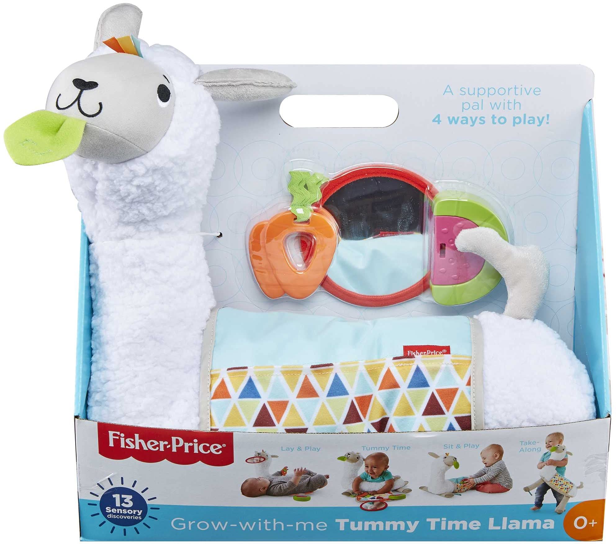 Fisher-Price Plush Baby Wedge Grow-With-Me Tummy Time Llama With 3 Take-Along Toys For Sensory Play