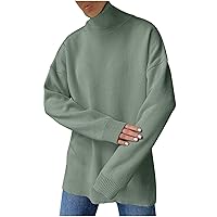 Women Oversized Turtleneck Tunic Sweater with Side Split Lightweight Drop Shoulder Long Sleeve Casual Knit Tops