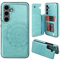 MMHUO for Samsung Galaxy S24 Case with Card Holder,Flower Magnetic Back Flip Case for Samsung Galaxy S24 Wallet Case for Women,Protective Case Phone Case for Samsung Galaxy S24 5G (2024),Mint