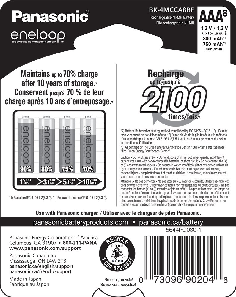 Panasonic BK-4MCCA8BA eneloop AAA 2100 Cycle Ni-MH Pre-Charged Rechargeable Batteries, 8-Battery Pack