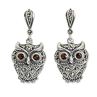 NOVICA Handmade .925 Sterling Silver Marcasite Garnet Dangle Earrings Thai Silver Owl with Sterling Red Tone Thailand Animal Themed Birthstone Bird [1.4 in L x 0.7 in W] 'Curious Owl'