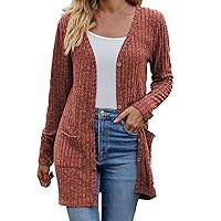 Women's Open Front Cardigan Long Sleeve Button Down Sweater Lightweight Ribbed Knit Outerwear Outfits with Pocket